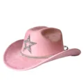 Pink faux suede western cowboy hat with rhinestone star and sparkling crystal band for party style. - M (56-58cm) / Pink