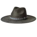Gros plan sur le ruban tissé géométrique rétro du chapeau fedora gris foncé à large bord. - M (56-58cm) / Vert Militaire