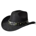 Vista dettagliata del cappello da cowboy nero in camoscio con teschio di toro e borchie. - M（56-58cm） / Nero