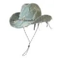 Distressed denim cowboy hat, wide brim, braided band, outdoor sun protection, retro western style. - M (56-58cm) / Distressed Brushed Style / Light Blue