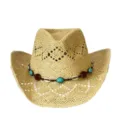 Böhmischer hohler Stroh-Cowboyhut mit Türkis-Muschel-Perlenband Strand Sonnenhut Detail - M (56-58cm) / Beige