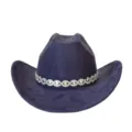 Dettagli del cappello da cowboy occidentale in camoscio con catena di strass lucida. - M（56-58cm） / Blu navy