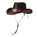 Cappello da cowboy western in paglia a tesa larga estivo con ricamo floreale rétro e sottogola - M(56-58cm) / Nero Tie-dye