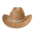 Brown faux suede western cowboy hat with sparkling rhinestone chain band, retro party hat. - M (56-58cm) / Camel