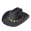 Close-up detail of the black suede western cowboy hat featuring a delicate gold sunflower chain. - M (56-58cm) / Black