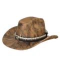 Vintage westerse cowboyhoed met stierschedel decor, brede rand zonnehoed voor reizen. - M (56-58cm) / Tie-Dye - Khaki