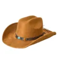 Gros plan des détails du chapeau de cowboy, texture suédine marron, bande en cuir turquoise. - M (56-58cm) / Marron