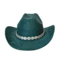 Elegante cappello da cowboy western in camoscio verde con catena di strass scintillante per feste. - M（56-58cm） / Verde malachite