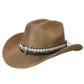 Retro bruine western cowboyhoed met brede rand, gevlochten band en metalen stierenkop. - M (56-58cm) / Wervelpatroon - Khaki