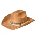 Detailed view of the brown retro suede cowboy hat, featuring a decorative star band. - Camel / M (56-58cm)