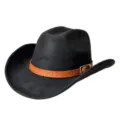 Retro suede western cowboy hat with woven leather strap wide brim fedora men women outdoor - Black / M (56-58cm)