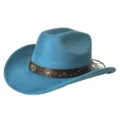 Chapeau de cowboy western en suédine bleue avec bande en cuir marron et rivets pour mode - M (56-58cm) / Bleu sarcelle