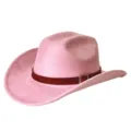 Pink suede western cowboy hat featuring a brown woven leather belt and metal buckle for outdoor. - Pink / M (56-58cm)