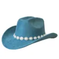 Cappello da cowboy in camoscio blu con elegante catena di perle argentate, cappello da festa chic - M（56-58cm） / Blu-Verde