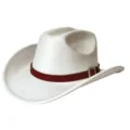 White western cowboy hat closeup showcasing the detailed dark red woven leather belt and buckle. - White / M (56-58cm)