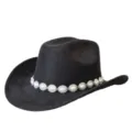Primo piano dettagliato del cappello da cowboy in camoscio nero con perle e conchiglie. - M（56-58cm） / Nero