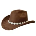 Cappello da cowboy in camoscio marrone con decorazione catena perle conchiglia, copricapo vintage. - M（56-58cm） / Caffè