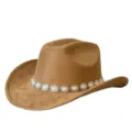 Primo piano dettagliato di cappello da cowboy in camoscio marrone con elegante catena. - M（56-58cm） / Cammello