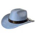 Chapeau de cow-boy en suédine bleu clair avec bande en cuir marron et rivets métalliques. - M (56-58cm) / Bleu clair