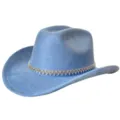 Blauwe faux suède western cowboyhoed met strass kettingband, stijlvolle carnavalsfeest hoed variant - M (56-58cm) / Lichtblauw