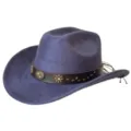 Chapeau de cowboy western en suédine bleu foncé avec bande en cuir marron et clous floraux. - M (56-58cm) / Bleu marine