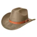 Retro Suede Western Cowboy Hat Taupe Fedora with Woven Leather Strap and Metal Buckle - Army Green / M (56-58cm)