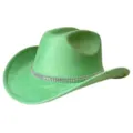 Green suede western cowboy hat with sparkling rhinestone chain, wide upturned brim party cap. - M (56-58cm) / Fluorescent Green