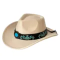Détail de chapeau cowboy western beige avec broderie turquoise exquise et boucle de pierre. - M (56-58cm) / Blanc Cassé