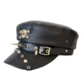 Zwarte PU lederen militaire pet met schedel, pinnen en gesp voor punk en gothic stijl. - M (56-58cm) / Klinknagel Schedel Stijl - Zwart