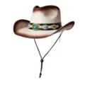 Vue détaillée de chapeau de cowboy western en paille tie-dye vintage pour le soleil. - M (56-58cm) / Blanc