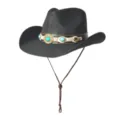 Détail de chapeau de cow-boy western en paille noire avec bande en cuir turquoise et jugulaire. - M (56-58cm) / Noir