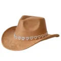 Close-up detail of the brown suede cowboy hat featuring a sparkling rhinestone heart trim. - Camel / M (56-58cm)