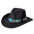 Chapeau de cowboy western en feutre noir avec broderie turquoise et boucle métallique. - M (56-58cm) / Noir