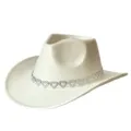 White suede cowboy hat featuring a sparkling rhinestone heart chain band for party & jazz - White / M (56-58cm)