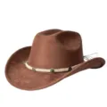 Vista dettagliata del cappello da cowboy western in camoscio marrone rétro con elegante nastro di perle. - M（56-58cm） / Marrone scuro