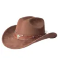Vista dettagliata del cappello da cowboy western in pelle scamosciata marrone con teschio. - M（56-58cm） / Marrone scuro