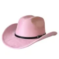 Dettaglio cappello cowboy occidentale rosa, camoscio sintetico tesa larga fedora. - M（56-58cm） / Rosa