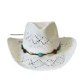 Weißer böhmischer Stroh Cowboyhut mit Türkisperlen und Muscheln Sommer Strand Sonnenschutz Hut - M (56-58cm) / Weiß