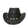 Böhmischer Stroh-Cowboyhut mit Lochmuster, breite Krempe, Sommer Strandkappe für den Urlaub. - M (56-58cm) / Schwarz