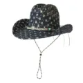 Sequin Western Cowboy Hat with Braided Band and Chin Strap for Party Fashion Outdoor - M (56-58cm) / Distressed Sequins Style / Dark Blue