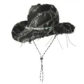 Distressed black denim cowboy hat with wide upturned brim, braided band and adjustable chin strap. - M (56-58cm) / Distressed Brushed Style / Black