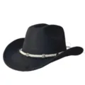 Dettaglio cappello cowboy in camoscio nero, tesa larga con fascia di perline e giada. - M（56-58cm） / Nero