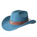 Primo piano del cappello da cowboy in camoscio blu con fascia in pelle e teschio di toro. - M（56-58cm） / Blu-Verde