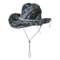 Distressed Denim Cowboy Hat Western Patchwork Frayed Brim Festival Party Jazz Hat - M (56-58cm) / Distressed Brushed Style / Dark Blue