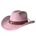 Cappello da cowboy occidentale in camoscio rosa con fascia in pelle e teschio di toro. - M（56-58cm） / Rosa
