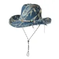 Distressed denim cowboy hat for men and women, vintage western style with chin strap and beads. - M (56-58cm) / Distressed Brushed Style / Medium Blue