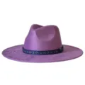 Paarse suède fedora hoed met etnische geometrische band brede rand wollen vilt hoed - M (56-58cm) / Violet