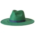 Groene retro fedora hoed met etnische patroon band, brede rand wolvilt jazz hoed voor dames en heren - M (56-58cm) / Groen