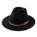 Vista detallada de un sombrero de lana negro con cinturón de leopardo chic y hebilla dorada. - M (56-58cm) / Negro