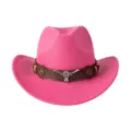 Chapeau de cowboy western en laine rose avec ceinture en cuir marron et détail tête de taureau. - M (56-58cm) / Décor Tête de Taureau Rouge Rose